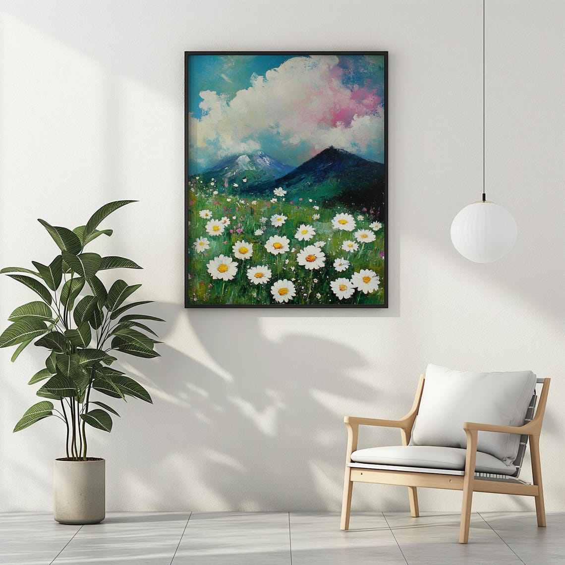 Daisy Meadow Mountain Landscape Pink Clouds Vintage Oil Poster - Image 2