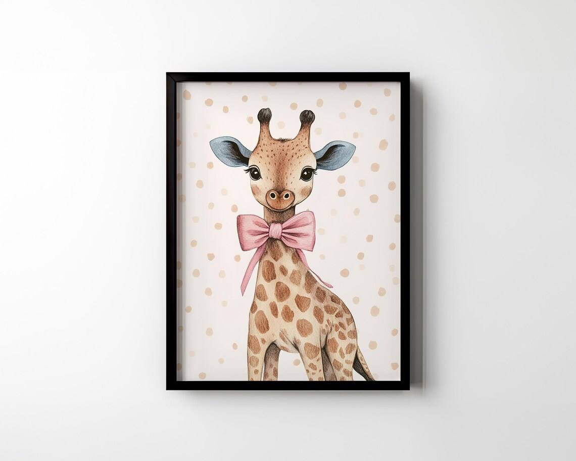 Baby Giraffe Pink Bow Polka Dot Watercolor Cute Nursery Girls Room Poster - Image 2