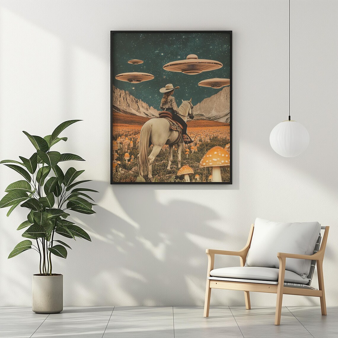 Cowgirl On Horse In Mushroom Field With UFOs Surreal Western Poster - Image 2