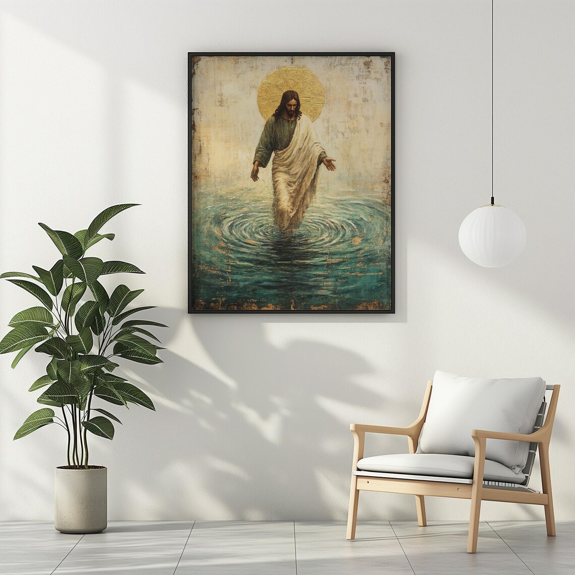 Jesus Christ Walking on Water Gold Halo Teal Ocean Christian Art Poster - Image 2
