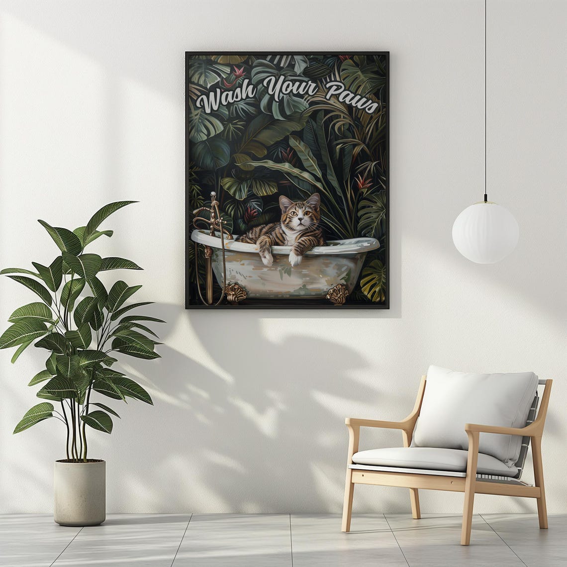 Wash Your Paws Cat in Bathtub Tropical Leaf Bathroom Wall Art - Image 3