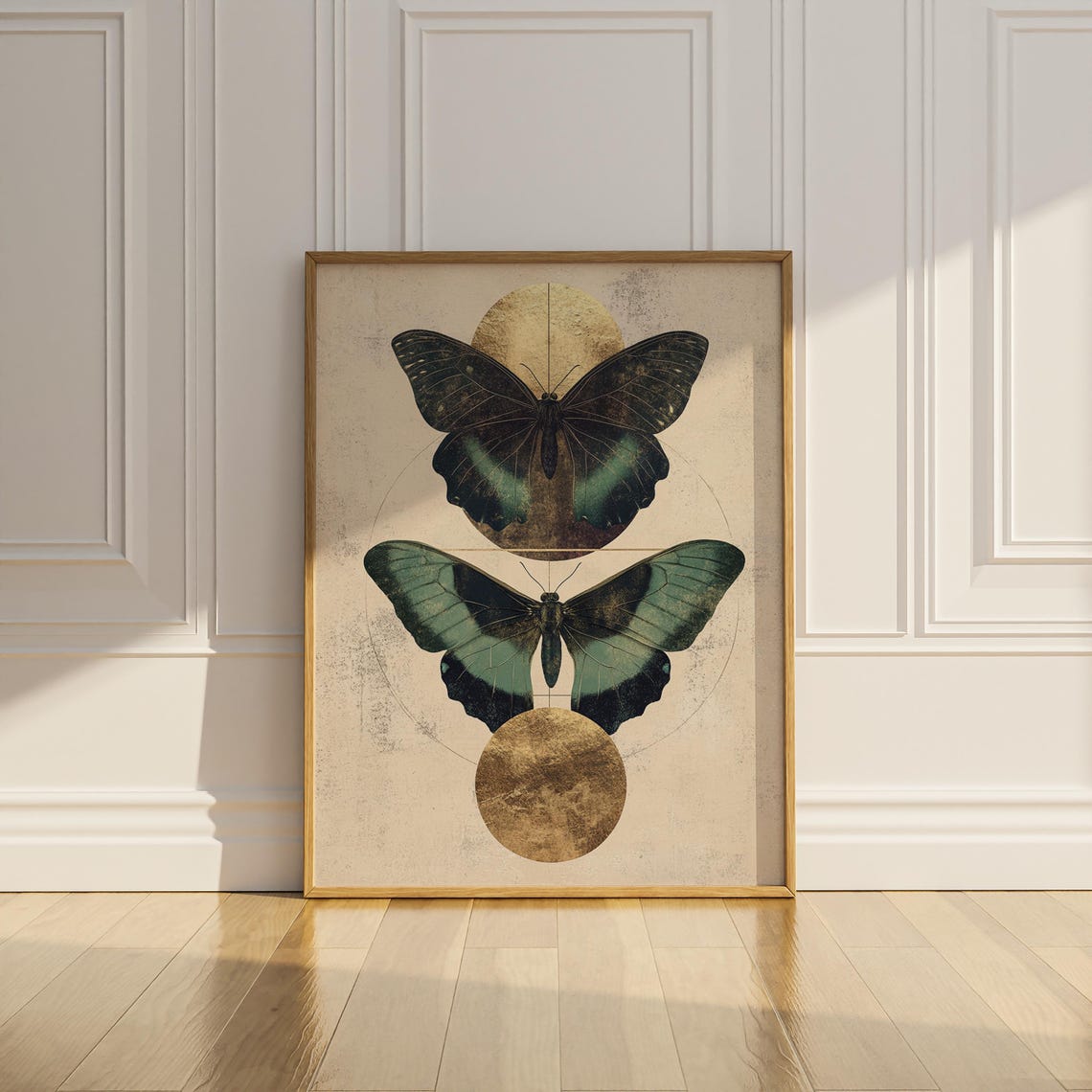 Twin Emerald Butterflies and Gold Moons Vintage Botanical Poster - Image 2