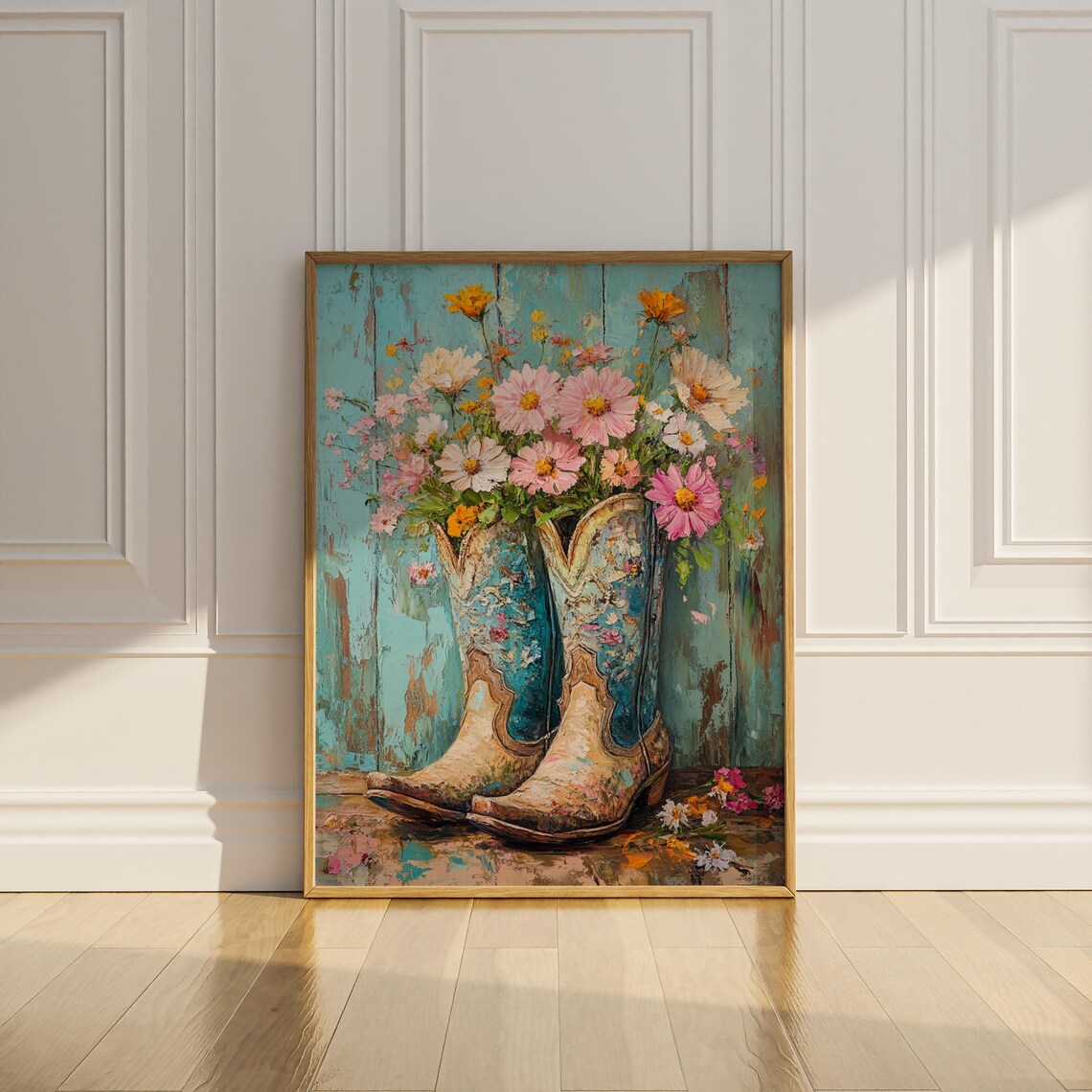 Cowboy Boots Poster Print Vintage Flowers Floral Oil Painting Modern Trendy Wall Art Boho Style Western Wall Decor Cowgirl Gift Matte Poster - Image 2