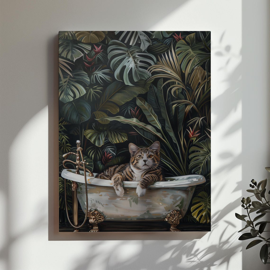 Tabby Cat Lounging in Clawfoot Bathtub Jungle Leaf Bathroom Poster