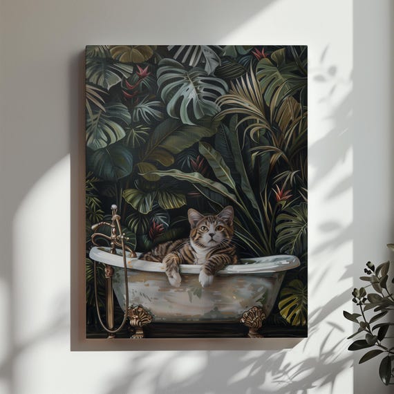 Cat Bathroom Print Funny Cat In Bathtub Wall Art Tropical Plants Dark Green Jungle Bathroom Toilet Restroom Wall Art Matte