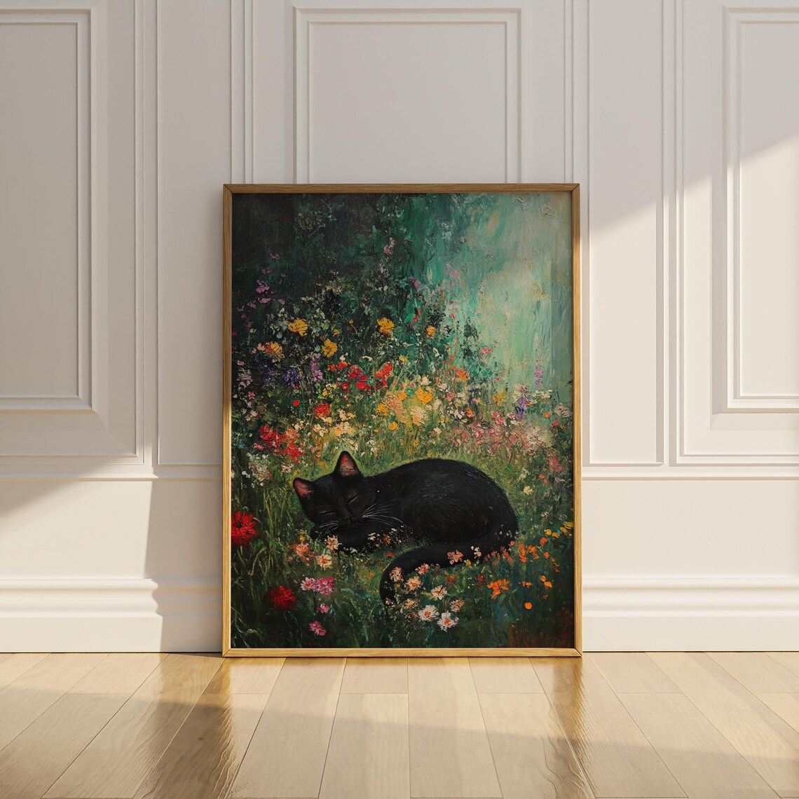 Black Cat Sleeping in Wildflowers, Vintage Art Print - Image 3
