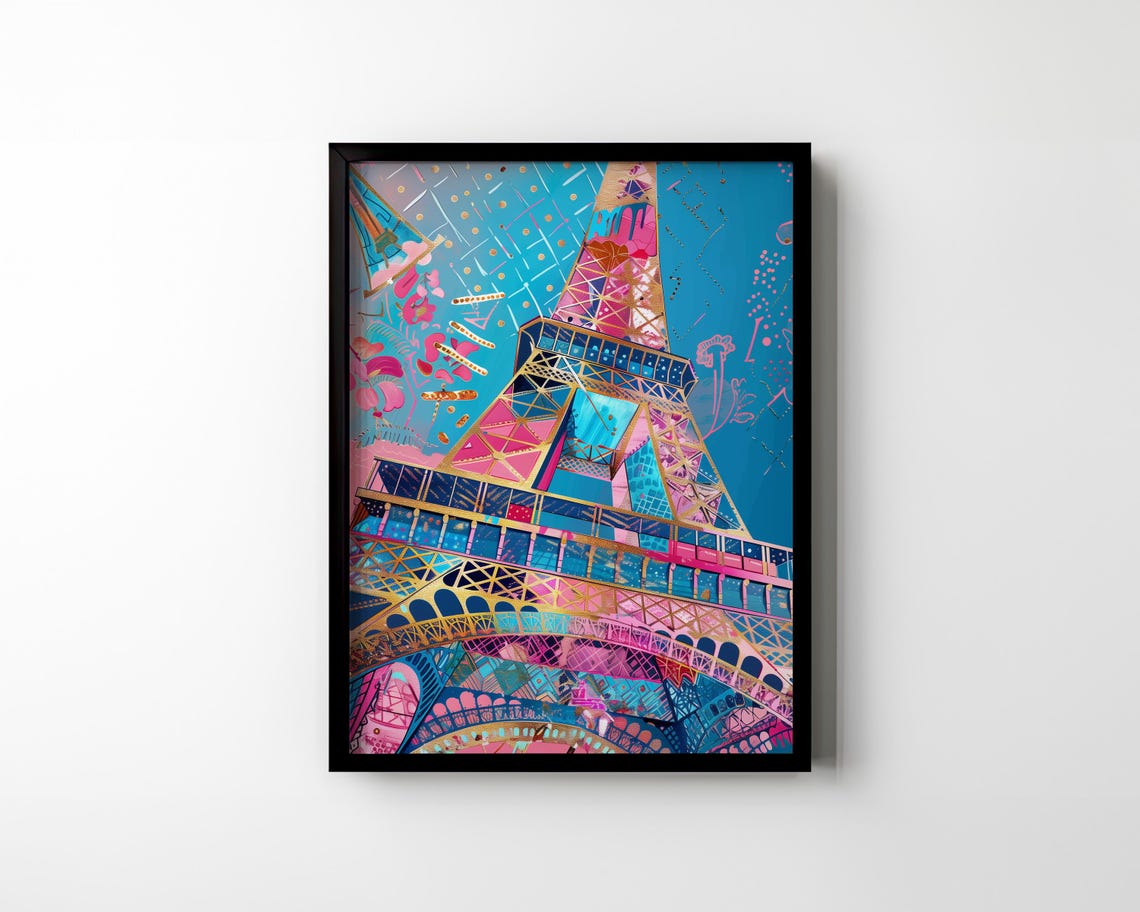 Colorful Eiffel Tower Poster Abstract Paris Landmark Blue Pink Art