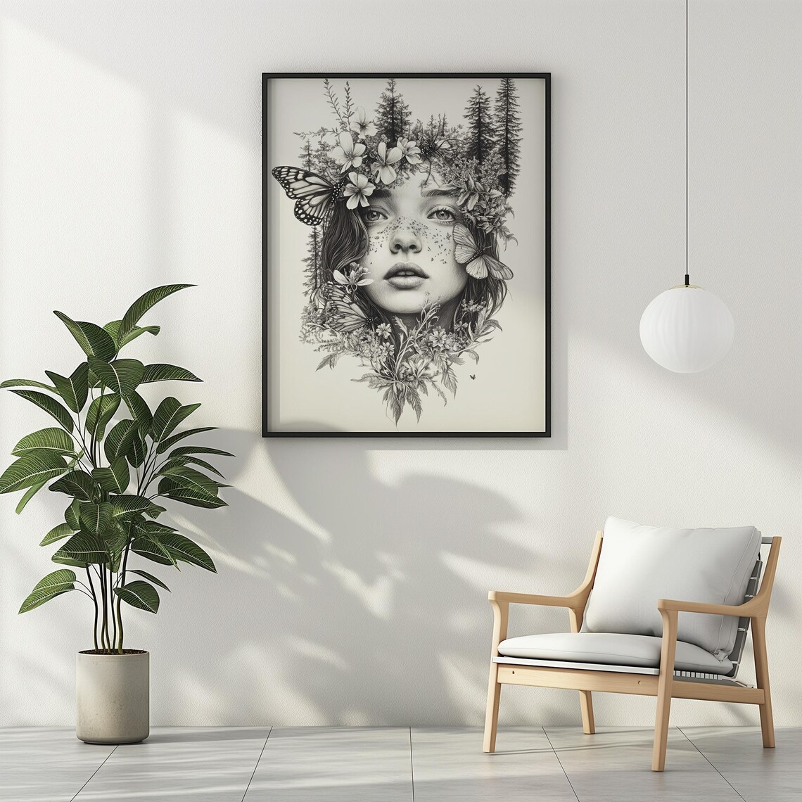 Forest Girl with Butterflies Botanical Ink Portrait Art Poster - Image 3