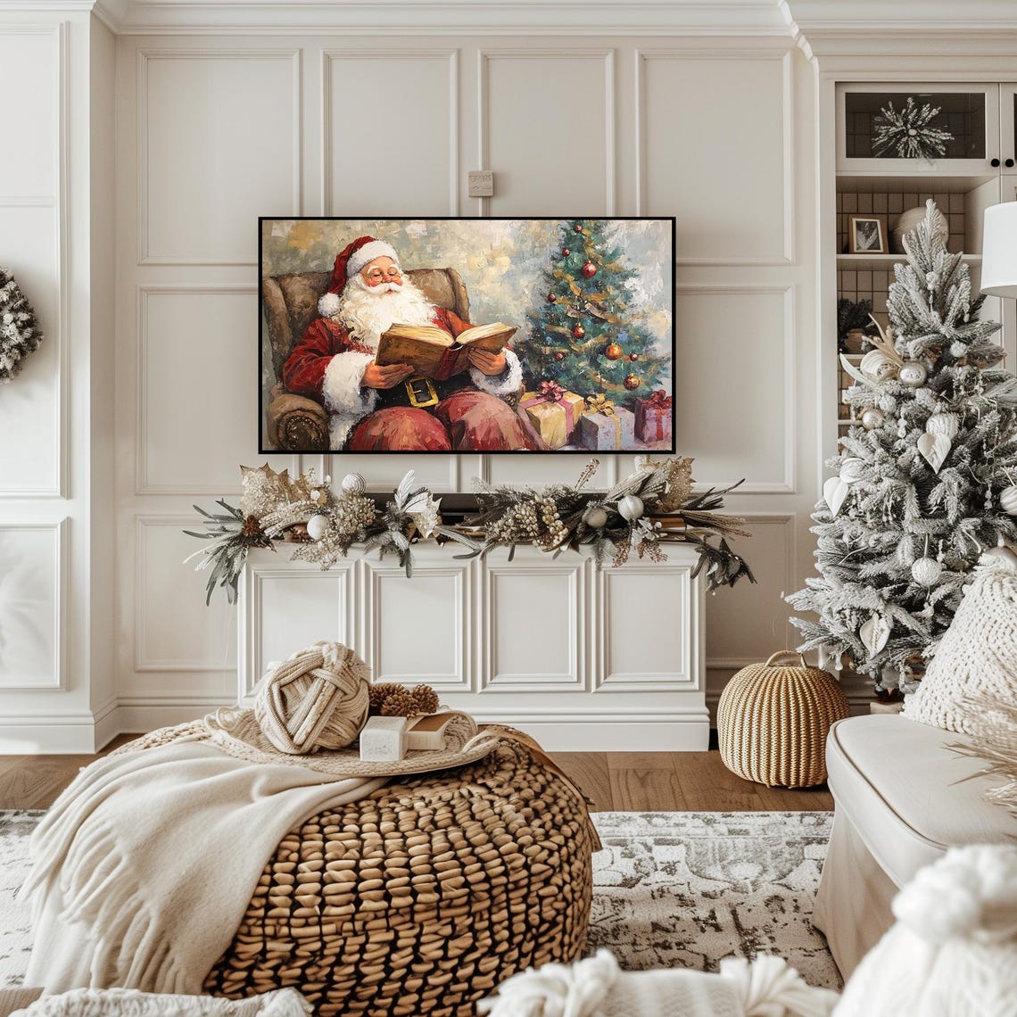 Santa Claus Reading Book by Christmas Tree Vintage Oil Painting Poster - Image 3