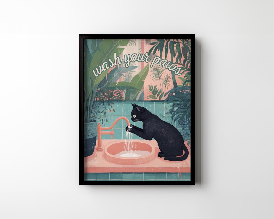 Wash Your Paws Black Cat Bathroom Poster - Image 3