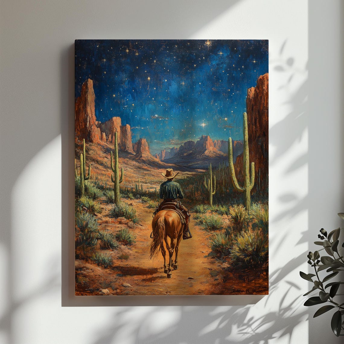 Cowboy Riding Through Desert Canyon Under Starry Night Sky Poster - Image 3