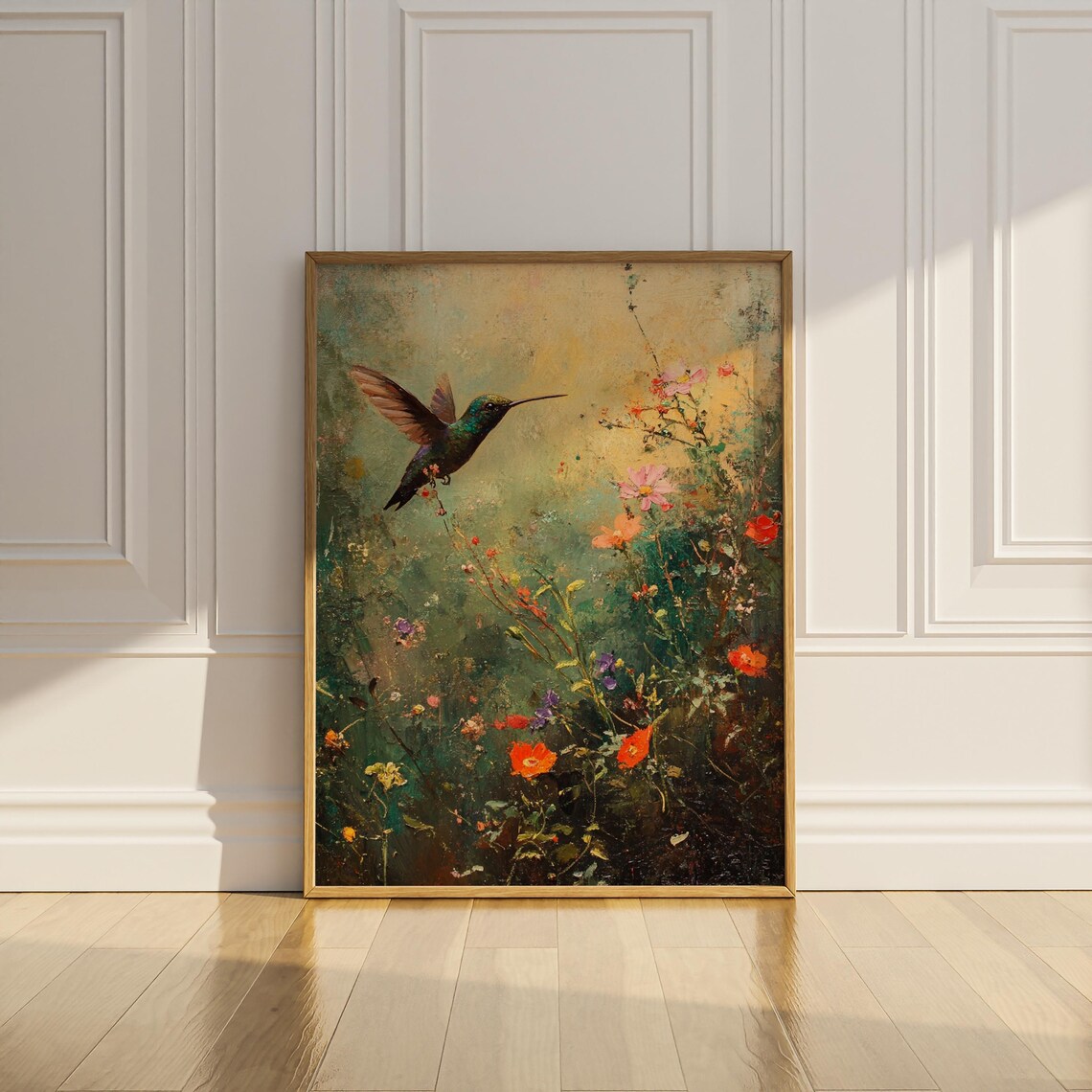 Hummingbird Wildflowers Vintage Oil Painting Art Print - Image 2
