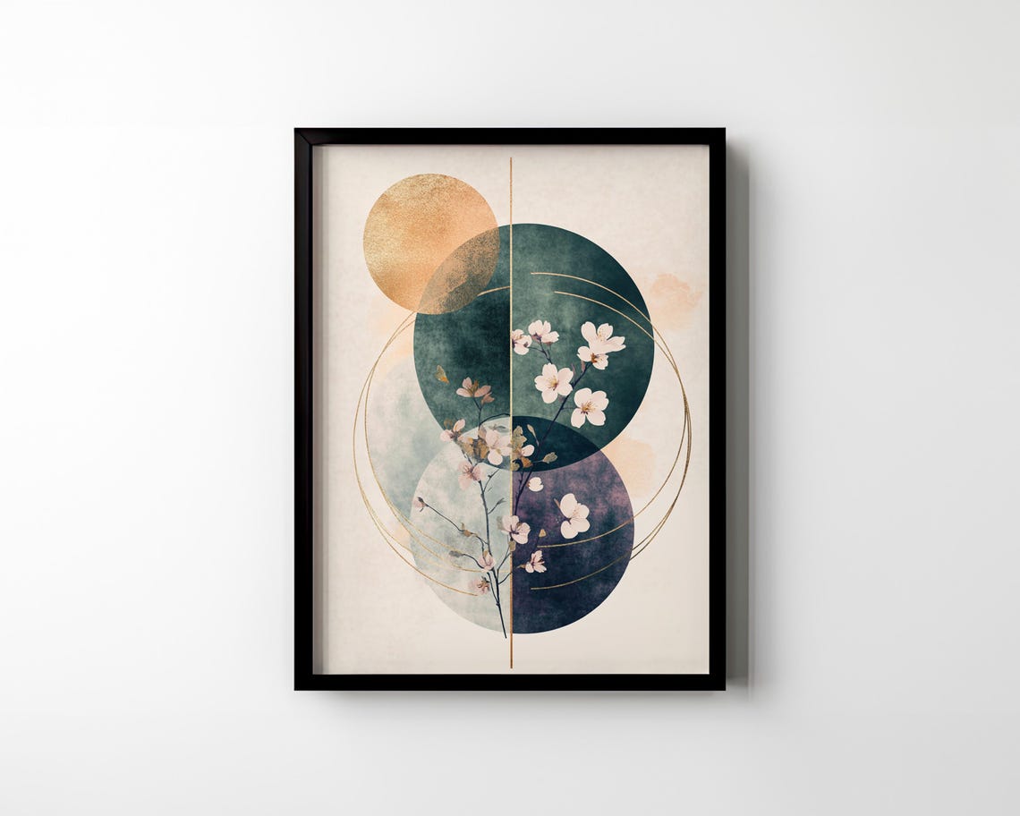 Cherry Blossom Branch Abstract Watercolor Circles With Gold Sun Poster - Image 3
