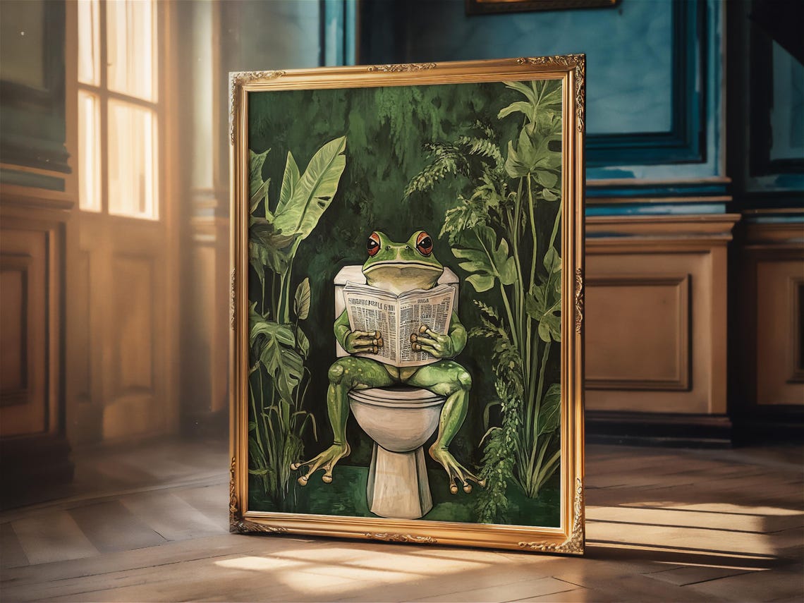 Bright Green Frog Reading Newspaper on Toilet Lush Jungle Poster - Image 2