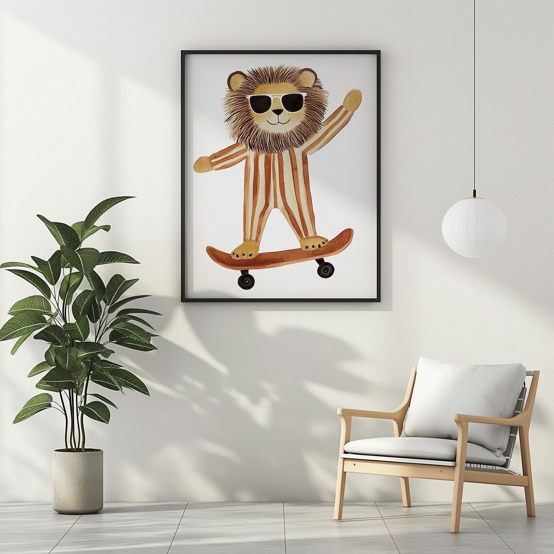 Lion Skater With Sunglasses Watercolor Safari Kids Nursery Wall Art Poster - Image 2