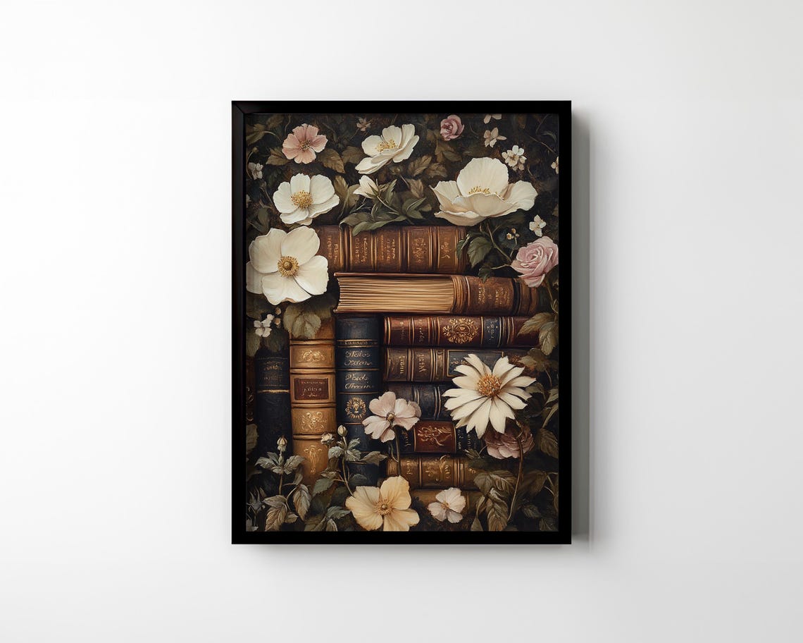 Dark Academia Old Books White Wild Roses Vintage Floral Poster - Image 2