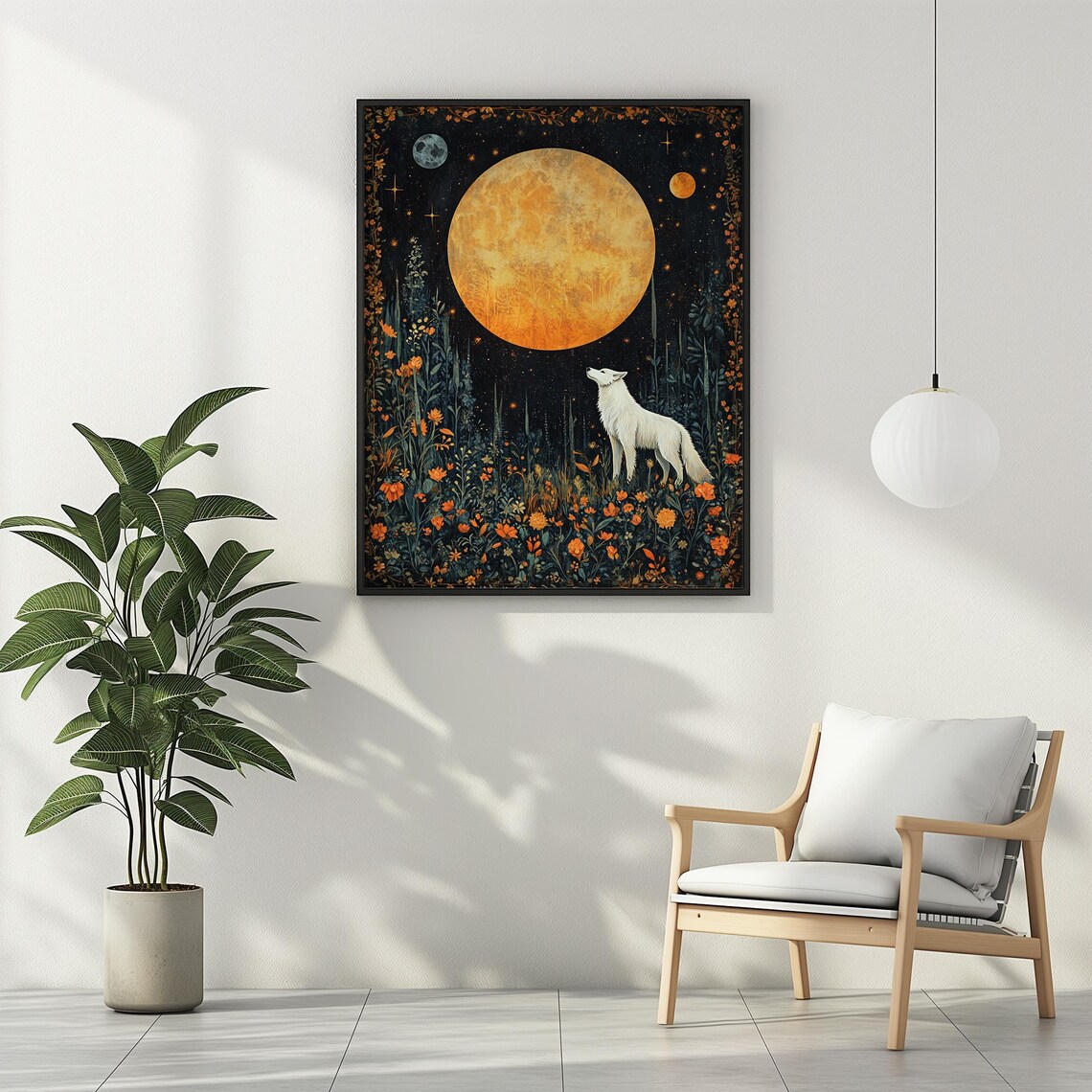 White Wolf Full Moon Celestial Art Deco Poster - Image 2