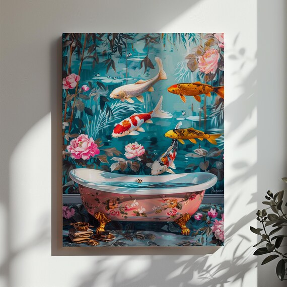 Koi Fish Bathtub Print Surrealism Modern Bathroom Wall Art Japanese Koi Art Toilet Restroom Wall Art Gift Matte