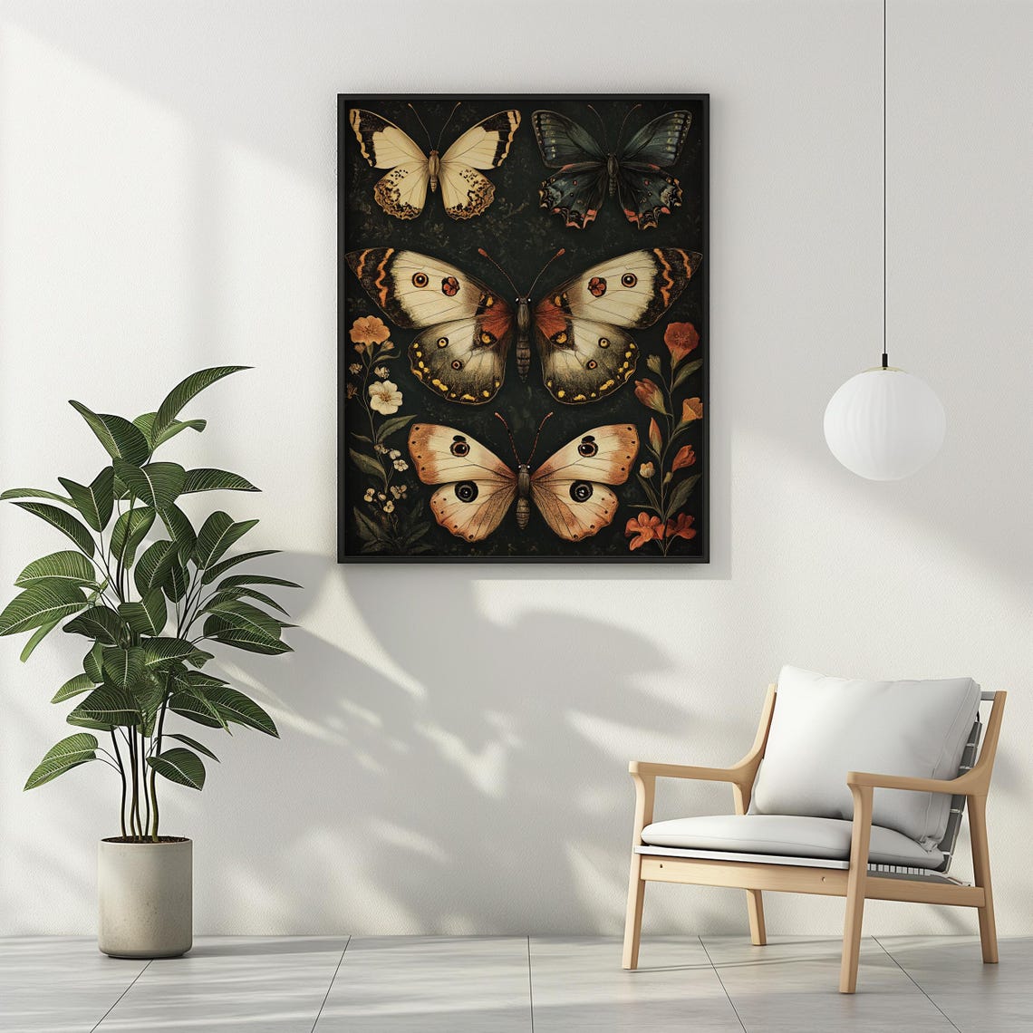 Four Butterflies With Wildflowers Dark Botanical Moody Vintage Poster - Image 2
