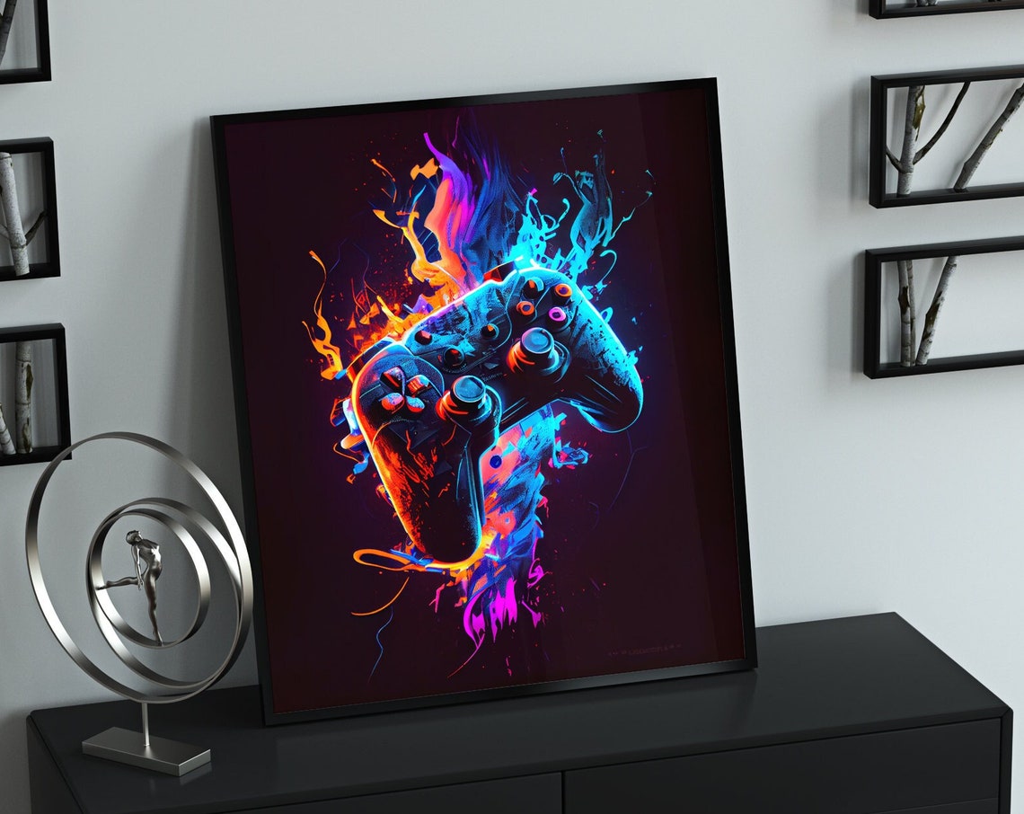 Exploding Game Controller Neon Flames Vibrant Gaming Room Poster