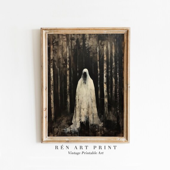 Lone Ghost in White Sheet Standing in Dark Birch Forest Poster