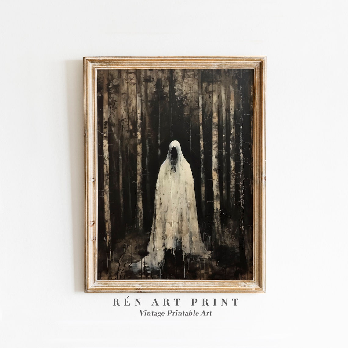 Lone Ghost in White Sheet Standing in Dark Birch Forest Poster