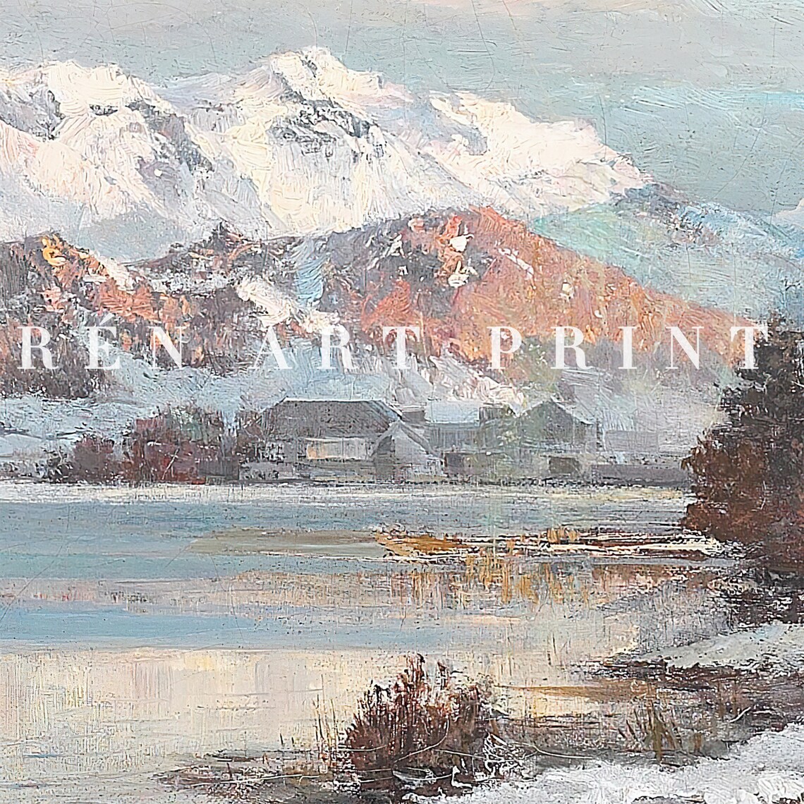 Alpine Mountain Lake Snowy Peaks Village Winter Landscape Vintage Oil Poster - Image 3