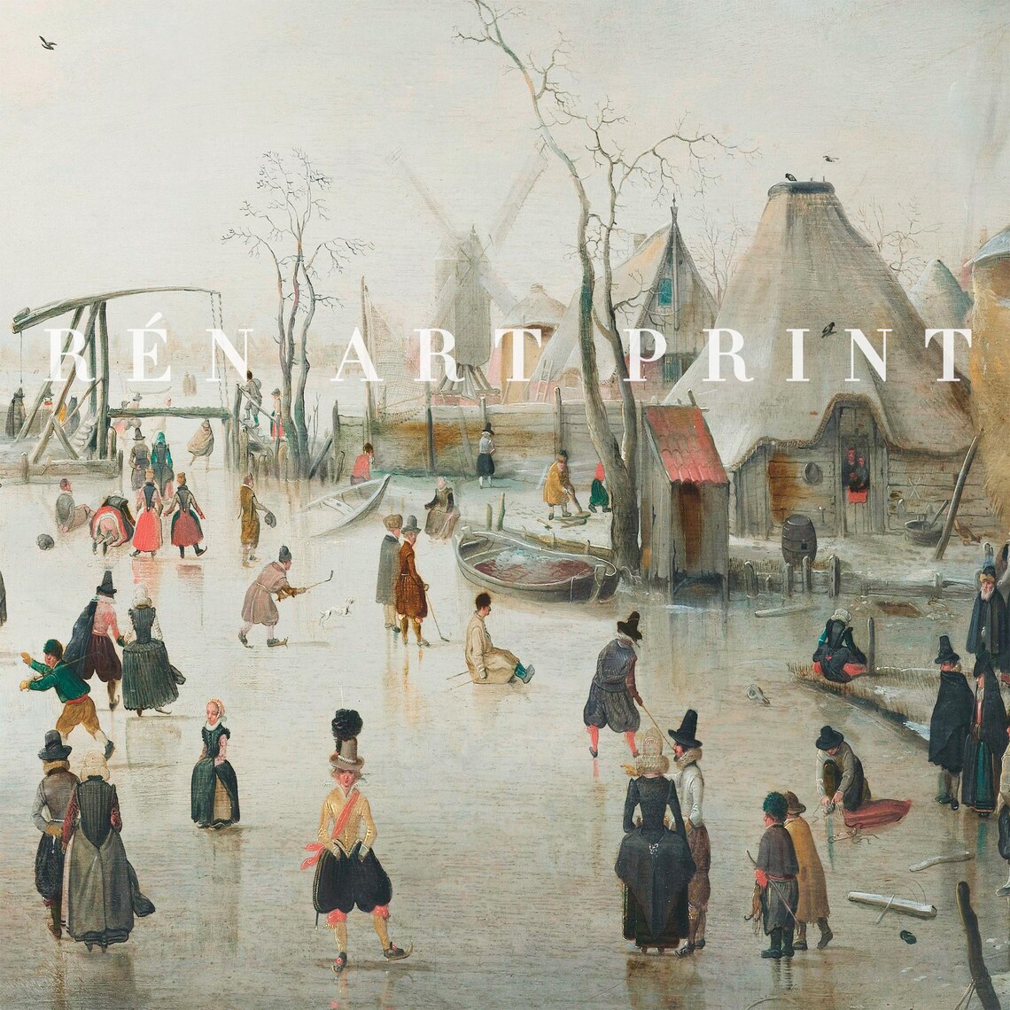 Old Winter Ice Skating Village Frozen Canal Antique Dutch Print - Image 3