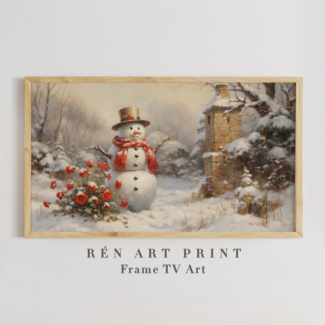 Vintage Snowman with Top Hat and Red Scarf Christmas Frame TV Poster