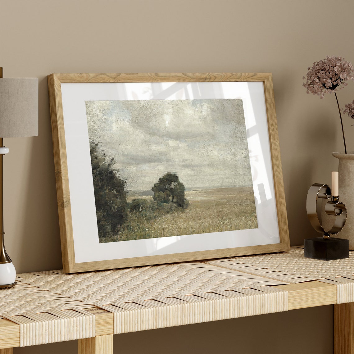 Muted Summer Field Vintage Cloudy Sky Lone Tree Countryside Poster - Image 3