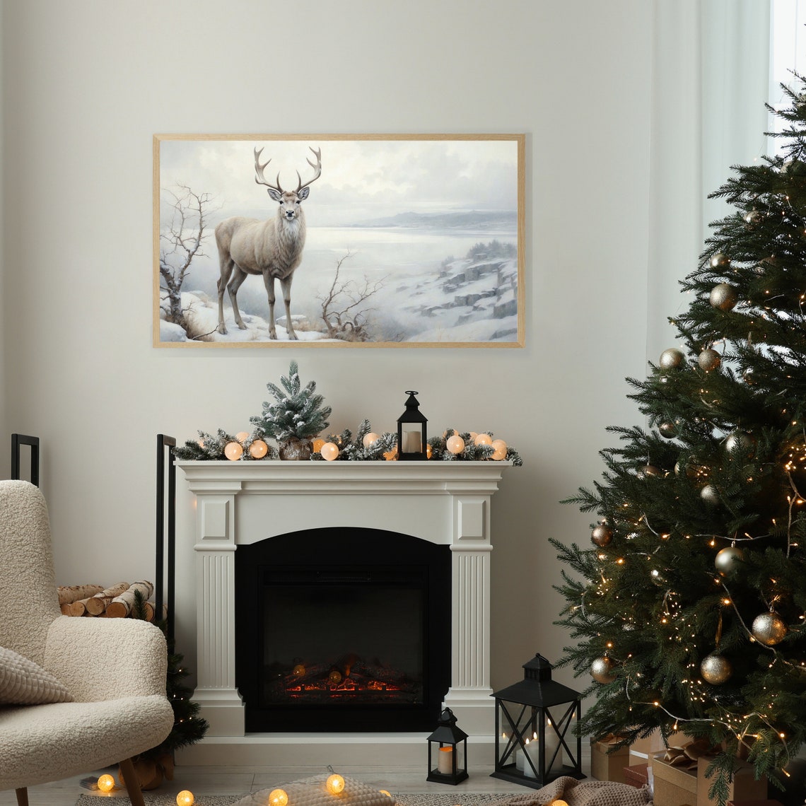 White Stag with Antlers on Snowy Hillside Winter Frame TV Art Poster - Image 2