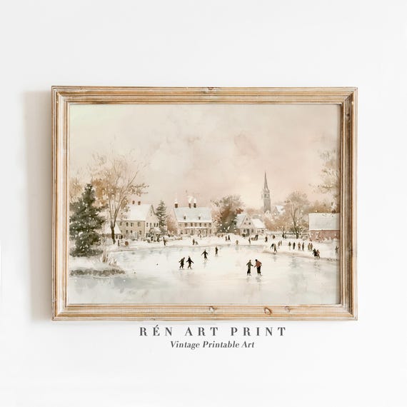 Vintage Winter Ice Skating Cityscape Art Print