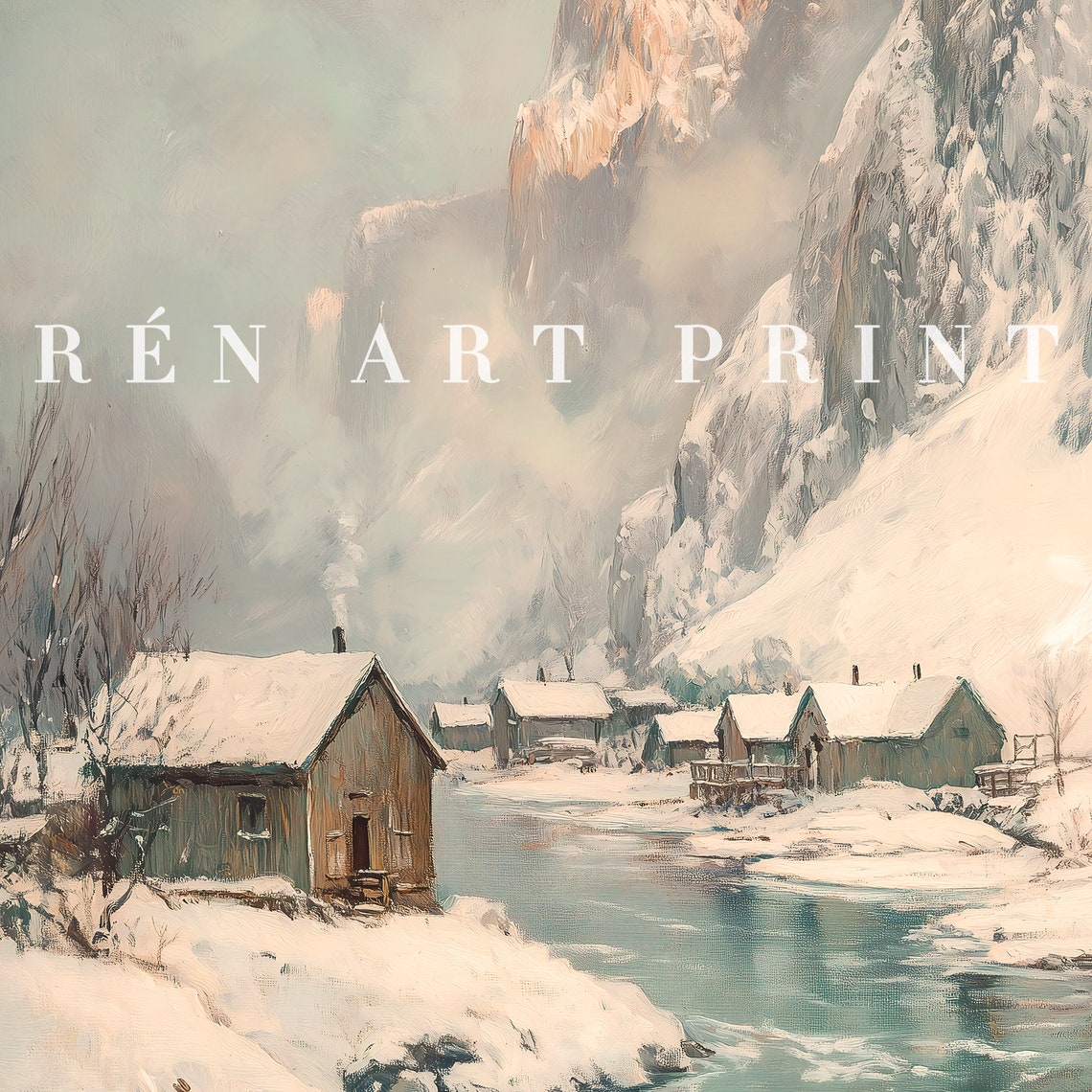 Alpine Winter Village Cottages by River under Snowy Peaks Poster - Image 3