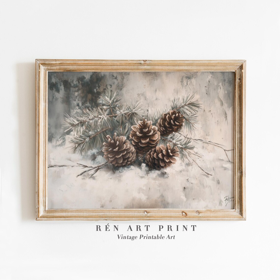 Antique Winter Pine Cone Painting, Rustic Holiday Print