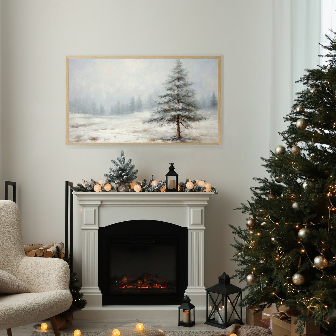 Lone Snowy Pine Tree in Misty Winter Field Minimalist Frame TV Poster - Image 2