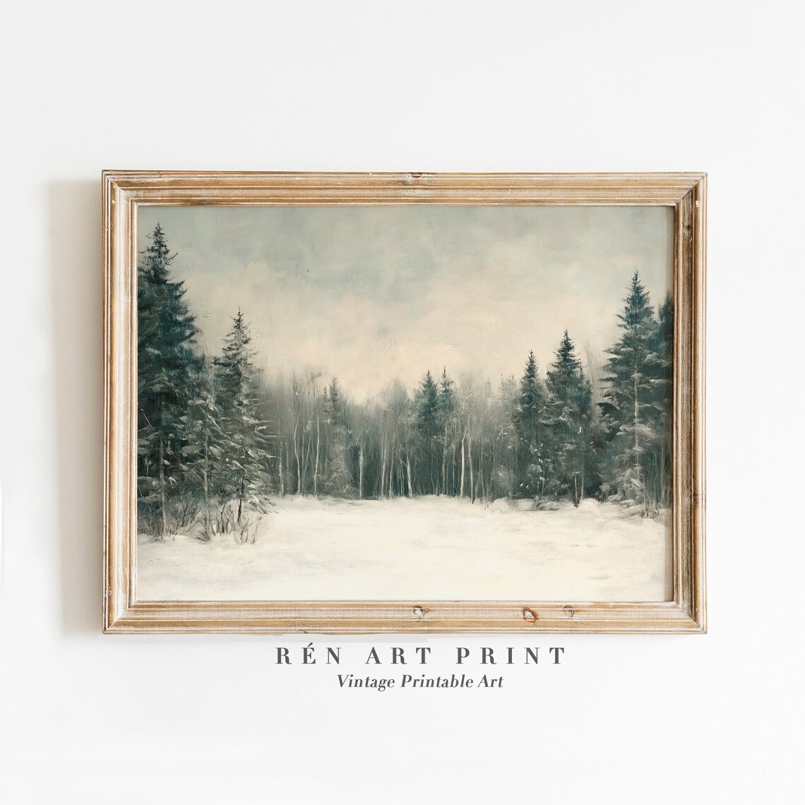 Snowy Pine Forest Clearing Muted Winter Landscape Oil Painting Print