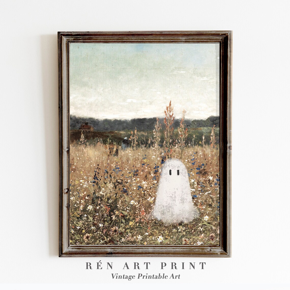 Cute Ghost on a Flower Meadow, Vintage Halloween Art Print