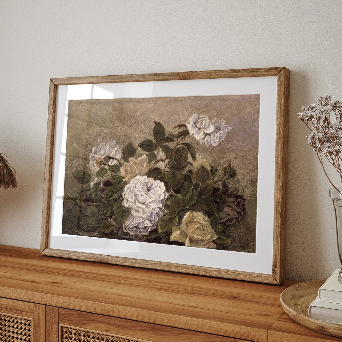 White and Yellow Roses Vintage Floral Still Life Oil Painting Print - Image 3