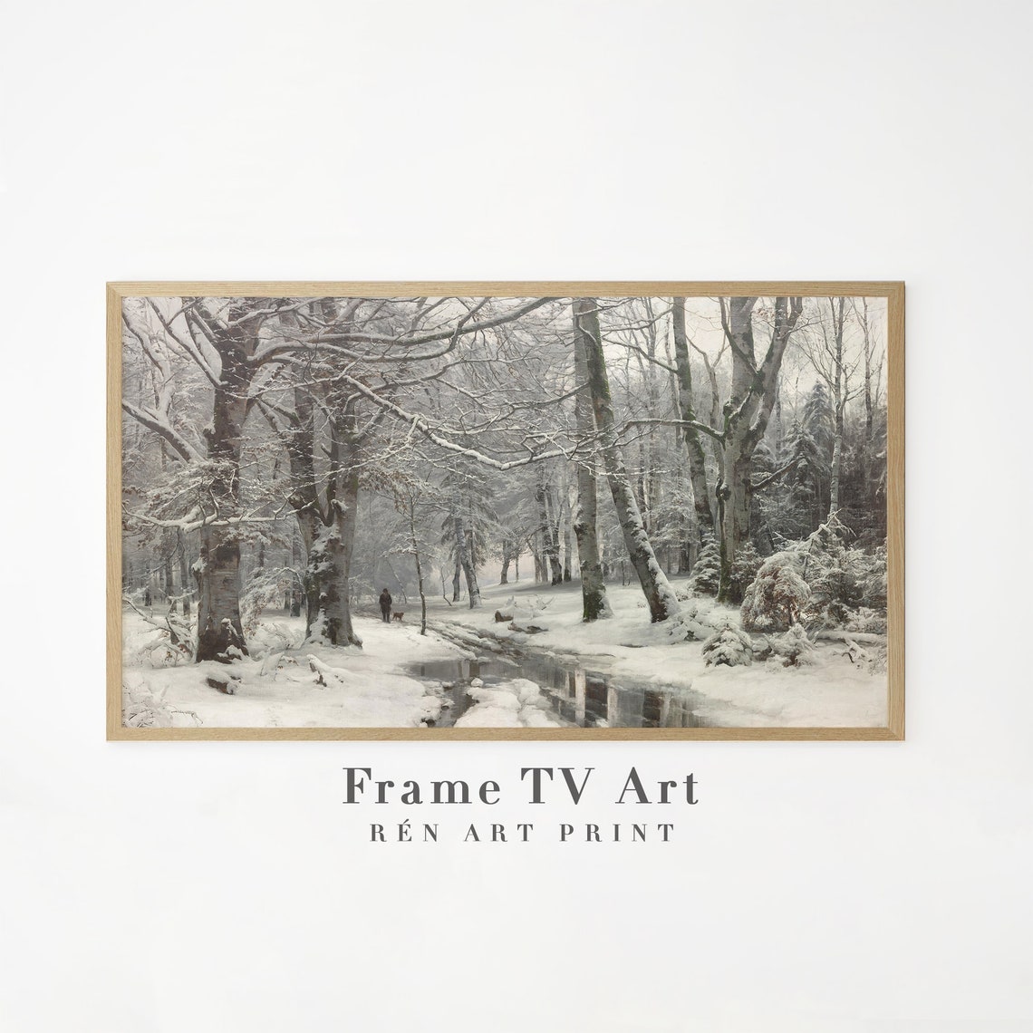 Snowy Forest Stream with Walker and Dog Winter Frame TV Art Poster