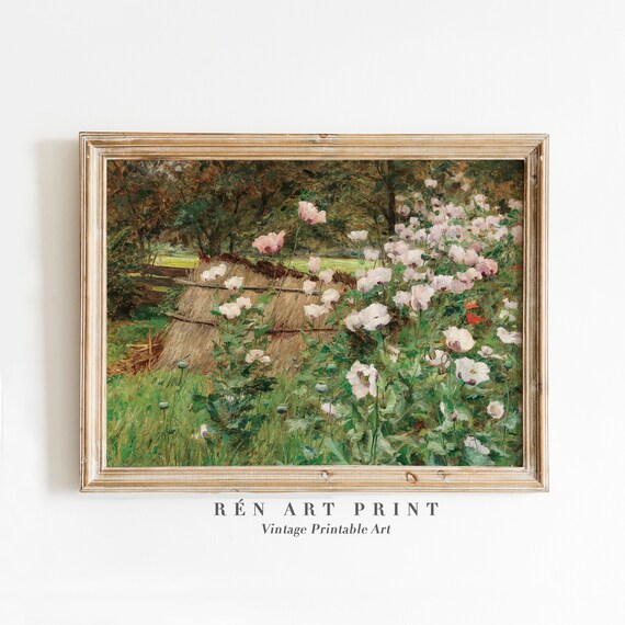 White Poppy Garden with Haystack Impressionist Floral Art Print