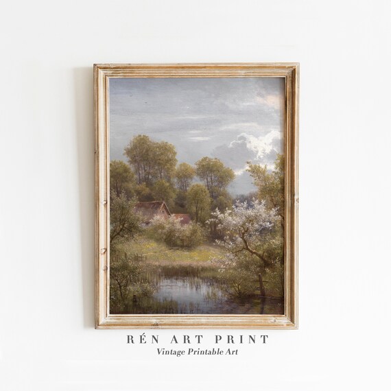 Vintage Countryside Cottage by Pond With Blooming Trees Spring Poster
