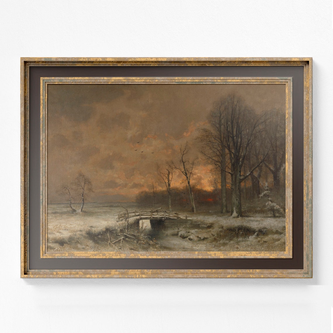 Moody Winter Landscape with Wooden Bridge at Sunset Vintage Print - Image 2
