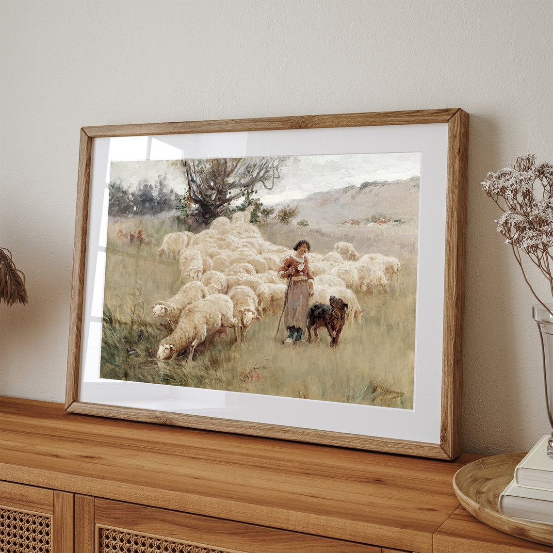 Shepherdess Girl with Sheep Flock and Dog Pastoral Vintage Poster - Image 3