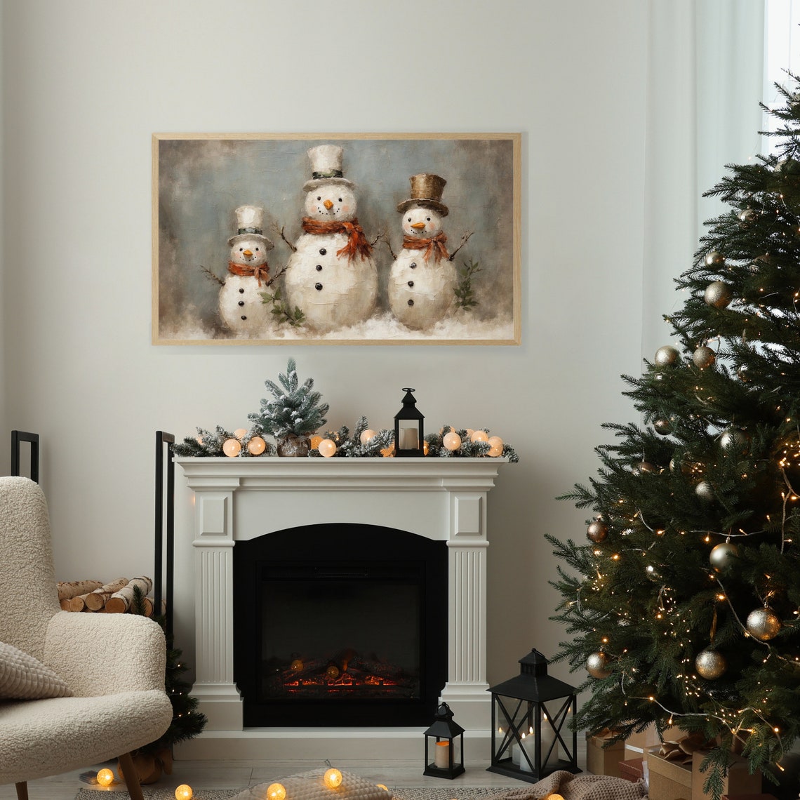 Three Charming Vintage Snowmen Top Hats Rustic Christmas Wall Art - Image 2