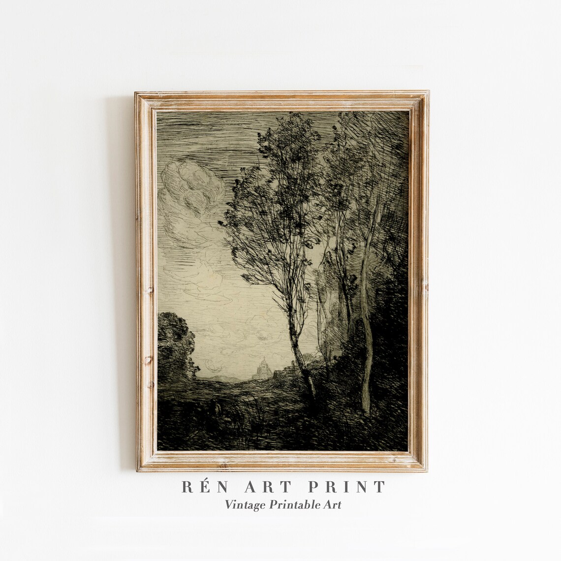 Vintage Ink Sketch of Trees by a Lake at Dusk Rustic Art Print