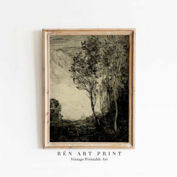 Moody Landscape Wall Art Vintage Sketch Print Rustic Farmhouse Wall Art Dark Cottagecore Decor Antique Scenery Drawing