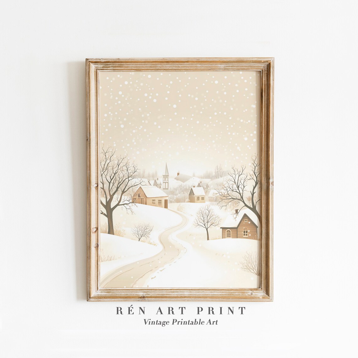 Snowy Winter Village Church Scene Neutral Beige Holiday Poster