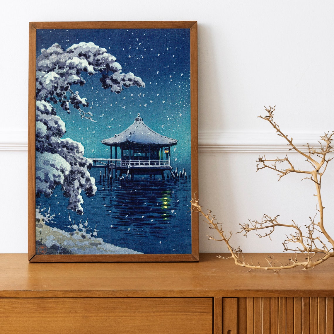 Snowy Pavilion on Water Japanese Woodblock Print Winter Night Scene - Image 3