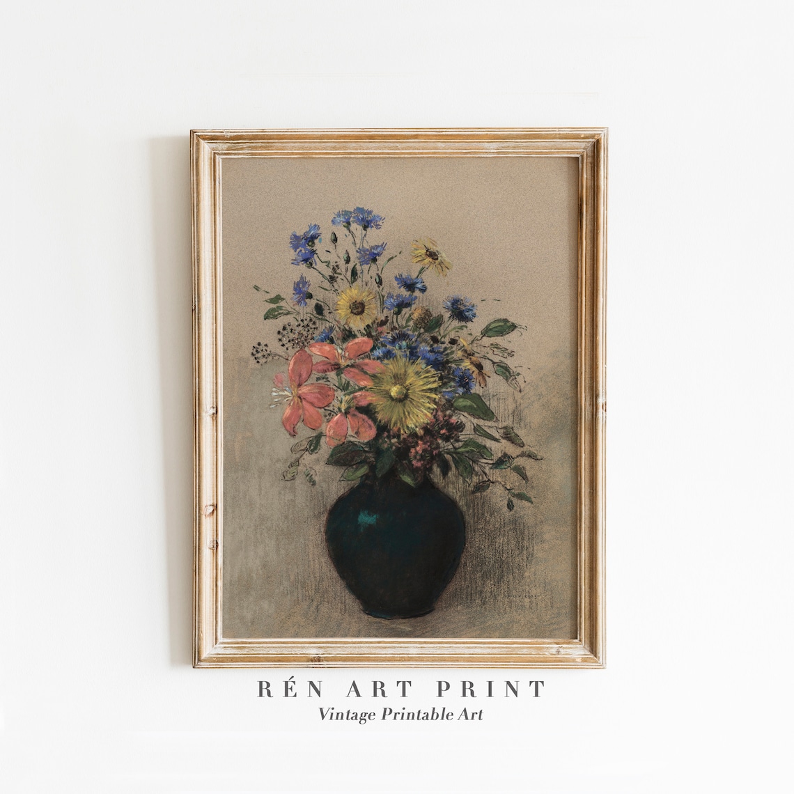 Wildflower Bouquet in Dark Vase Vintage Botanical Still Life Poster