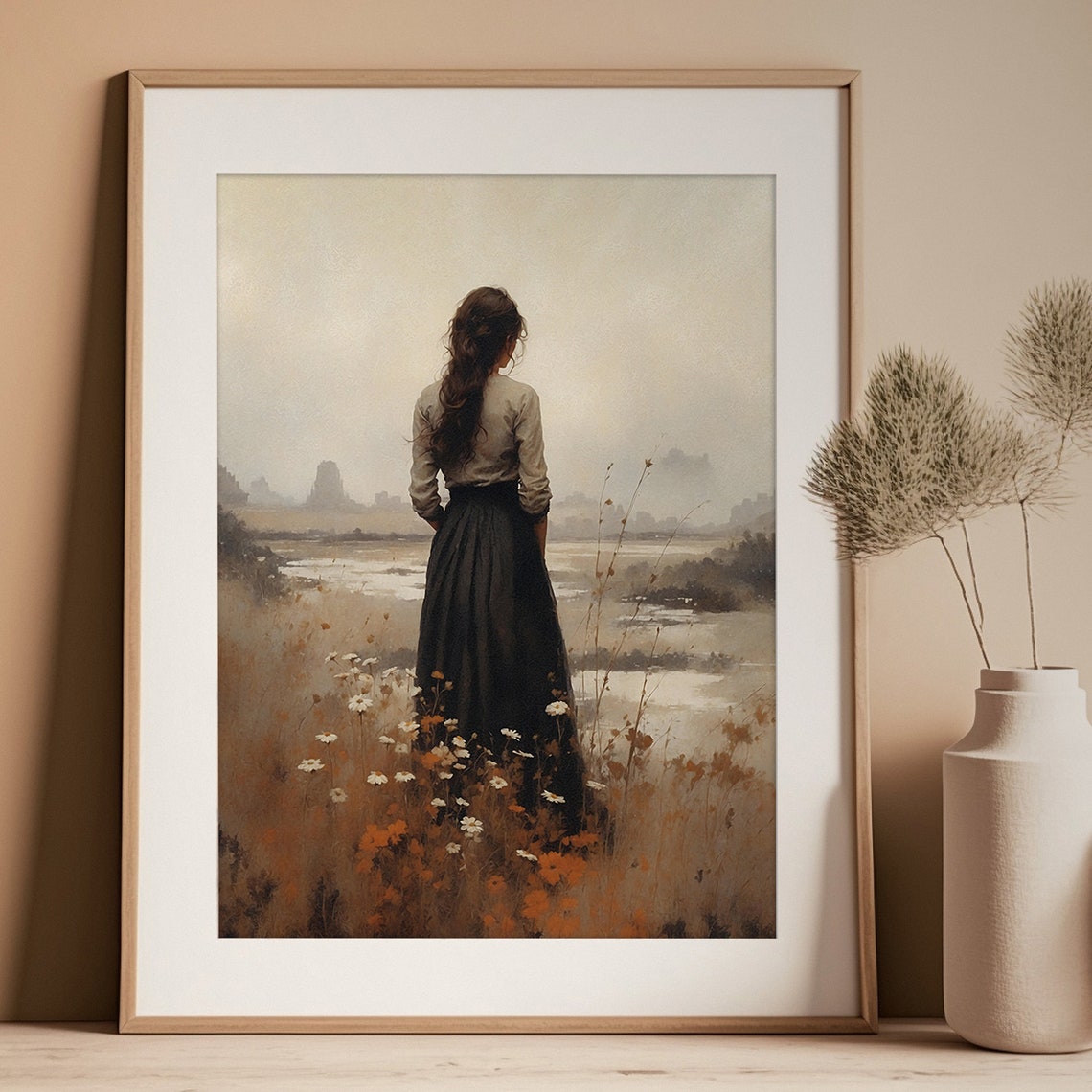 Woman In Autumn Landscape Painting Art French Country Print Antique Fall Wall Art Vintage Woman Portrait Painting - Image 3